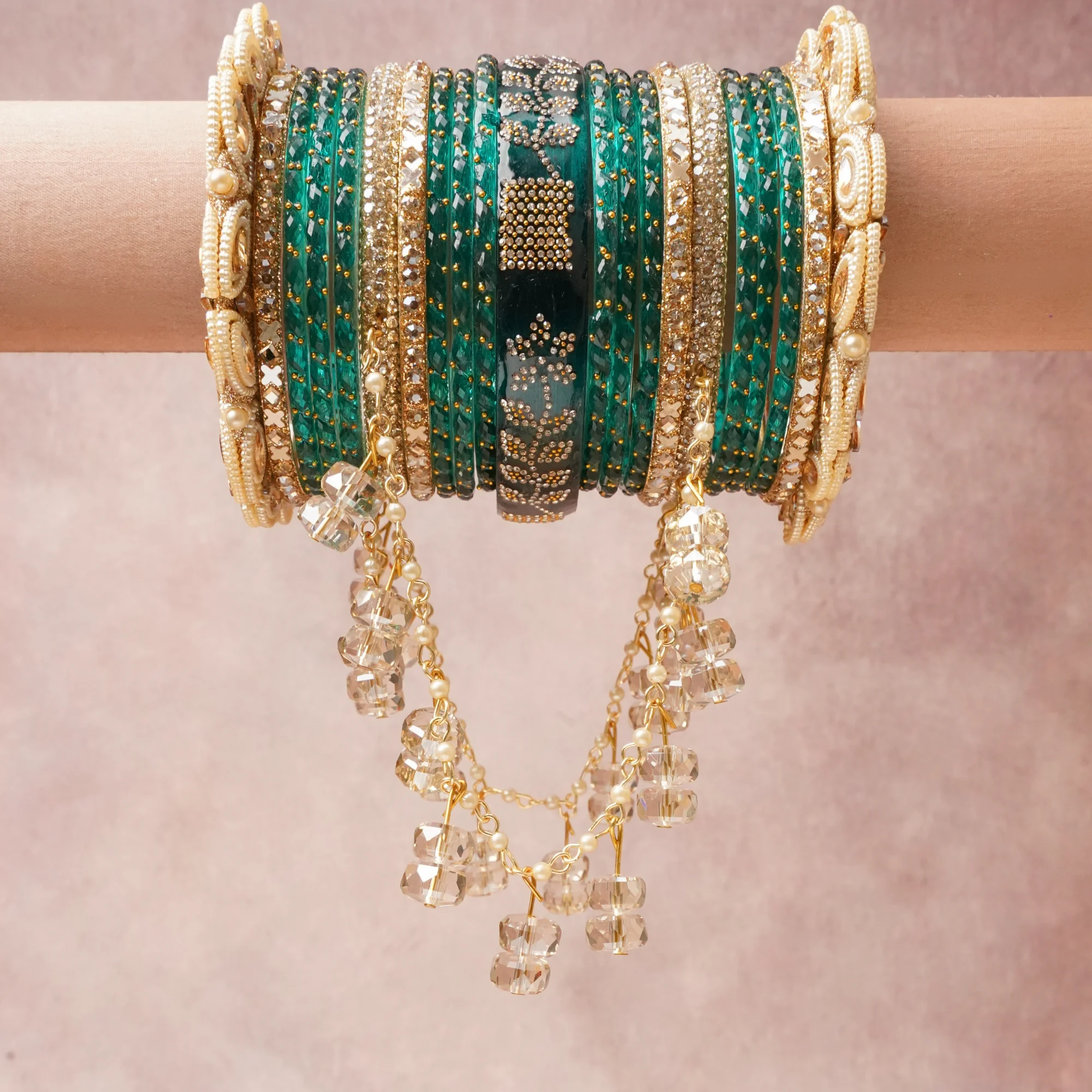 A commanding Deep Emerald Green anchors this beautiful set, enriched with accents of Ivory Pearl, Clear Faceted Crystal, Sparkling White that add depth and dimension.

Featuring a striking composition of Glass, Gold-toned Metal, Faux Pearl, Faceted Glass Beads, Rhinestone, this set carries intricate craftsmanship and strong presence. Grand in form, it is created for moments that deserve to be marked.